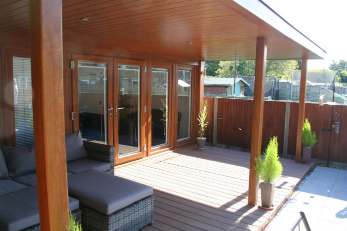 garden office with 9ft flyover roof and decking on it's frontage